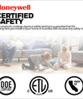 Honeywell certified safety assurance for home ceiling fans with family enjoying living room, safety logos displayed