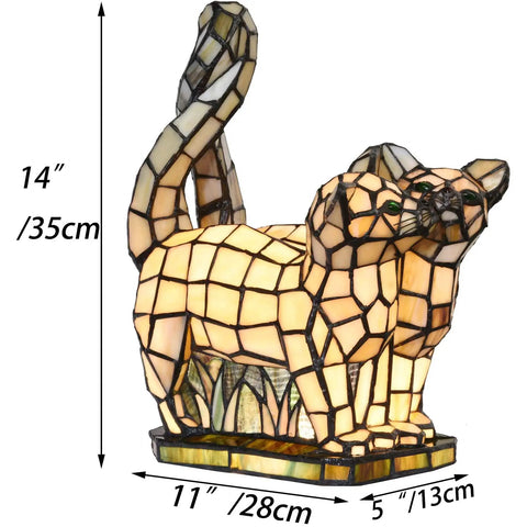 Two Cats In Love Tiffany Style Stained Glass Accent Table Lamp Night Light For Home Decor With Warm LED Tail Lights