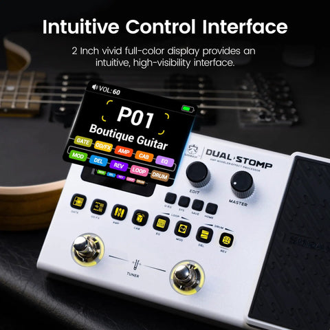 Dual Stomp Multi Effects Guitar Pedals Dope Rechargeable Processor with intuitive control interface and color display