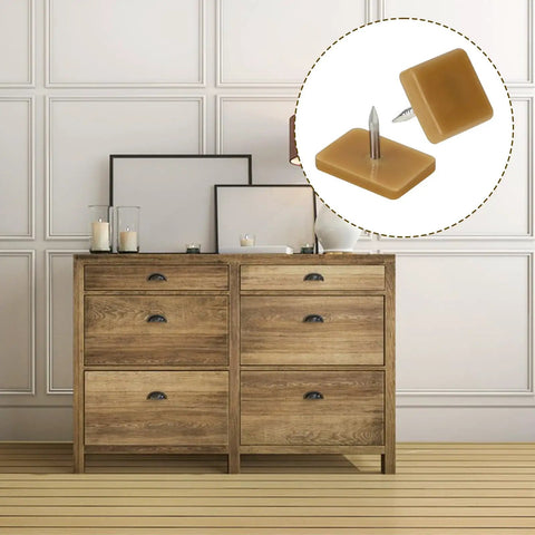 Heavy Duty Plastic Drawer Glide Pads Fix Sticky Dresser Slides With No Sweat Bottom Mount Furniture Runners 16 Pack displayed on a wooden dresser.