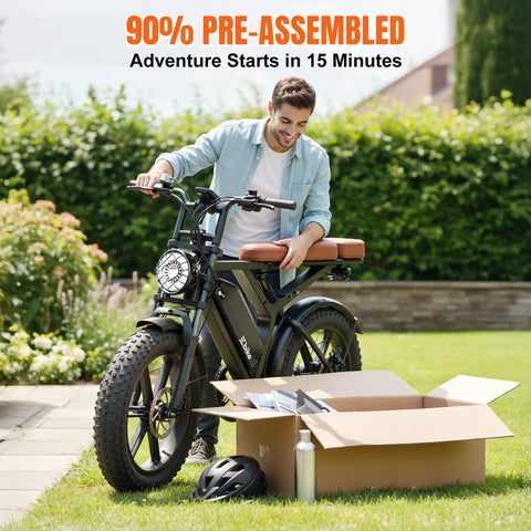 Man assembling Powerful Electric Bike For Adults With 1500W Peak Motor And 60 To 80 Mile Range, 20 Inch Fat Tire, in garden