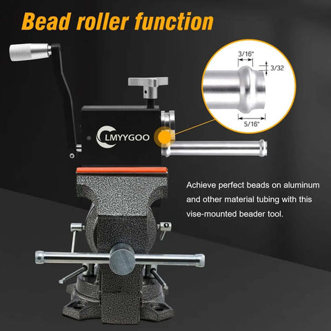 Bead Roller Tubing Beader Tool For Intake And Intercooler Tubing, vise-mounted showing bead dimensions, heavy-duty construction.