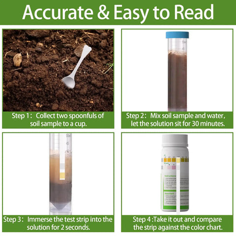 Image showing steps for using a Two In One Soil pH And Nitrogen Test Kit With Test Tubes For Garden Lawns And Yards 100 Pack