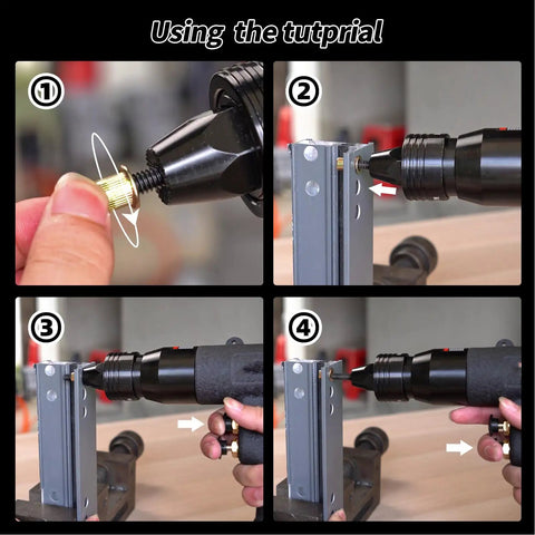 Using the tutprial: Pro Luocute Air Rivet Nut Tool Kit With Self Locking Nozzle And Four Interchangeable 1/4 Inch 5/16 Inch 3/8 Inch 10/24in Heads For M8 To M10 Fastening Jobs At 400 RPM Revolutions High Speed Pneumatic Rivnut Guns That Work Like A Charm.
