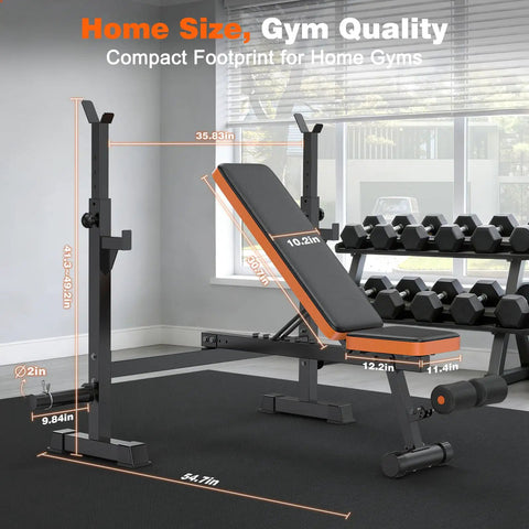 Adjustable Weight Bench With Squat Rack For Home Gym Use 770Lb Heavy Duty Olympic Bench Press in a home gym setting