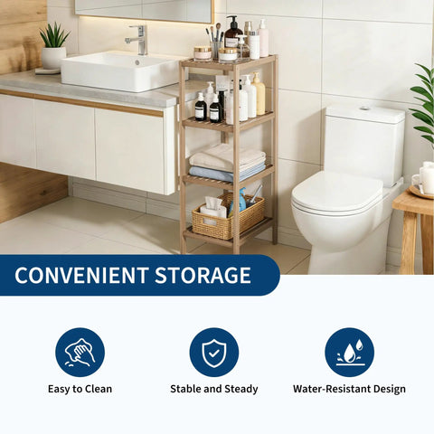 Slick Four Tier Bamboo Shelf Freestanding Bathroom Storage Rack Corner Organizer Tight Squeeze Space Saver Vertical Display For Toiletries And Essentials That Actually Knocks Out Clutter In Small Apartments And Keeps Your Space Looking Sharp with toiletries and towels.