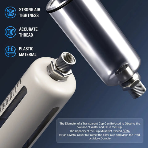 Close-up of Three Eighths Inch NPT Air Filter Regulator with Water and Oil Separator showing plastic material and accurate thread.