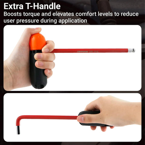 Jumbo 13-Piece SAE Hex Key Set With Extra Long Ball End Wrenches, T-handle grip being held for automotive repairs.