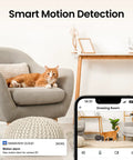 Indoor 2K Security Cam With 360 Degree Pan Tilt, WiFi Home Surveillance, Smart Motion Detection interface with cat in living room