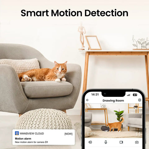 Indoor 2K Security Cam With 360 Degree Pan Tilt, WiFi Home Surveillance, Smart Motion Detection interface with cat in living room