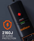 Close-up of VoltSpin Surge Protector Power Strip showing 2160J surge protection, indicating safety and functionality.