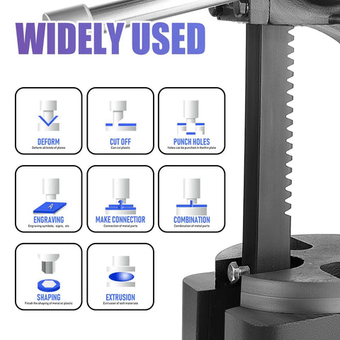 Straight Out The Workshop, Heavy Duty 1 Ton Manual Arbor Press, showing diverse uses like shaping and engraving on a workbench.