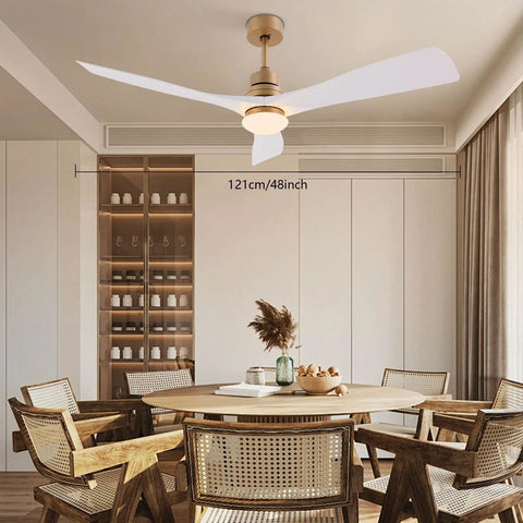 Ceiling Fan Light 48 Inch with Remote 6 Speeds 3000-6500K for Bedroom in modern interior with white and gold finish.