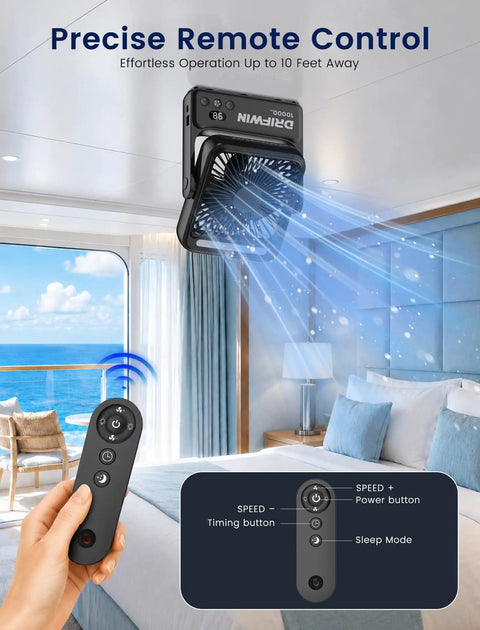 Remote controlling Cruise Certified Portable Fan With Night Light 10000mAh Ultra Slim Travel Fan 4 Speed Modes in a cruise cabin.