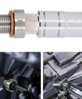 Heavy Duty M16x1.5 Oil Pan Drain Plug Repair Kit Fits Most Cars And Bikes CNC Stainless Steel Slippery Thread Fix That Saves Your Engine Block From Leaks. M16x1.5 stainless drain plug repair tool shown installed in an engine oil pan