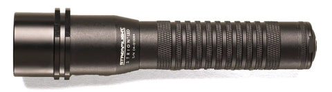 Side view of Beefy 375 Lumen Rechargeable Flashlight With Grip Ring And 120 Volt AC Charger IPX4 Water Resistant Three Power Modes Plus Strobe Borofloat Glass Lens Gasket Seal For Rugged Outdoor Use showing the textured grip and sleek design.