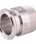 Angled view of stainless steel 1.5-inch tri-clamp to MNPT adapter ferrule for sanitary piping