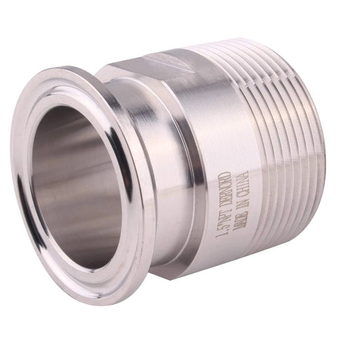 Angled view of stainless steel 1.5-inch tri-clamp to MNPT adapter ferrule for sanitary piping