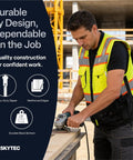 Worker using a tool while wearing a Straight Fire High Visibility Surveyor Safety Vest With Ten Bulk Storage Pockets And Reflective Tape Built For Daily Site Crews Wanting Tough Gear That Keeps Them Clearly Noted And Fully Loaded When Running Tough Shifts On Site In Medium Cut.