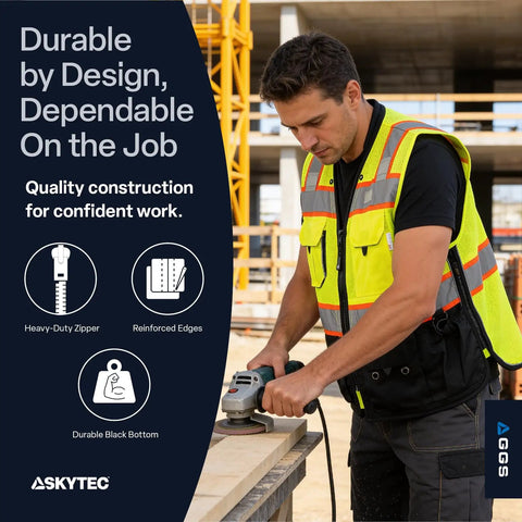 Worker using a tool while wearing a Straight Fire High Visibility Surveyor Safety Vest With Ten Bulk Storage Pockets And Reflective Tape Built For Daily Site Crews Wanting Tough Gear That Keeps Them Clearly Noted And Fully Loaded When Running Tough Shifts On Site In Medium Cut.