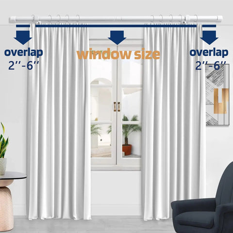 Black Curtain Rod Set With Brackets For Windows 32 To 90 Inches Five Eighth Inch Diameter Telescoping Rod With Adjustable Extension Zero To Twelve Inches Easy Install Brackets Included Durable Finish showing window coverage and overlap