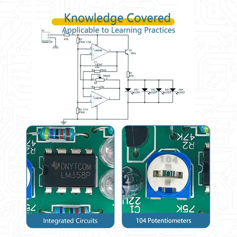 Image showing integrated circuits and 104 potentiometers on a PCB for Breathing Light Soldering Practice Kit With LED Electronics Assembly.
