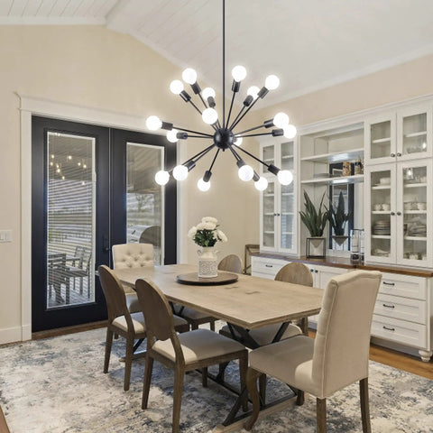 Black Modern Sputnik Chandelier With 18 Lights, 360 Degree Adjustable Angles, Vintage Industrial Ceiling Fixture in dining room