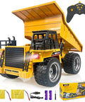 Rad Remote Control Dump Truck Toy 2.4G RC 6 Channel Bulldozer with four wheel drive, alloy metal body and remote control, accessories included.