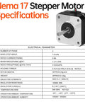 NEMA 17 bipolar stepper motor with silver faceplate and black body; exposed shaft and mounting screws.