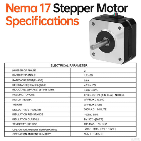 NEMA 17 bipolar stepper motor with silver faceplate and black body; exposed shaft and mounting screws.