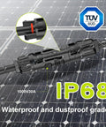 Close-up of 2 To 8 Solar Panel Y Branch Parallel Connector Cable with IP68 rating on solar panel surface