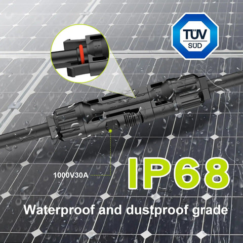 Close-up of 2 To 8 Solar Panel Y Branch Parallel Connector Cable with IP68 rating on solar panel surface