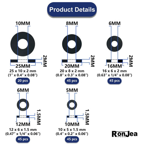 200-Piece Flat Rubber Washer Set For Bolts Faucets Screws Garden Hose And Plumbing Black Rubber Gaskets Five-Size Assortment Durable SBR Material Leakproof Cushioned Seals product details
