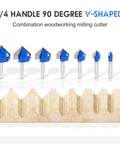 Top Notch V Groove Router Bit Set Made From Solid Carbide With Double Flutes And A Quarter Inch Shank For Dead Precision Cnc Engraving And Pro Woodworking Crafting Decorative Edges Without The Hassle Of Complicated Setup, featuring eight V-shaped bits.