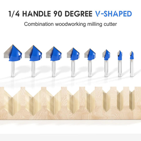 Top Notch V Groove Router Bit Set Made From Solid Carbide With Double Flutes And A Quarter Inch Shank For Dead Precision Cnc Engraving And Pro Woodworking Crafting Decorative Edges Without The Hassle Of Complicated Setup, featuring eight V-shaped bits.