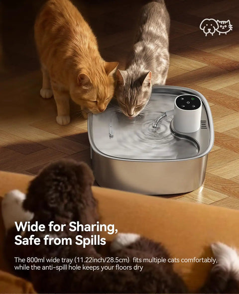 Cordless Wide Tray Dog Water Fountain With 5000mAh Battery Powered Pet Water Dispenser Three Motion Sensors Stainless Steel 8L Capacity with cats drinking.