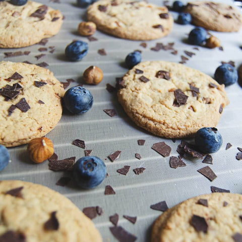 Cookies and berries on Set Of 3 Reusable 13 By 16 Inch Baking Mats, Nonstick PTFE Teflon Coated, Reversible Oven Safe Sheets