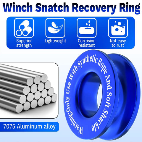 Heavy Duty Winch Snatch Recovery Ring For Off Road Recovery, Premium 7075 Aluminum Alloy, High Break Strength Snatch Block Ring, Rust Resistant And Durable Gear For Tow Ropes, Winches, And Recovery, blue 7075 aluminum ring