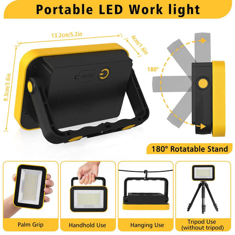 Rechargeable Cordless Work Light With USB Powered Battery, Waterproof LED Flood Light For Outdoor Use, Portable, Black-Yellow