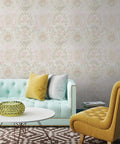 Living room with Pink Bohemian Damask Peel And Stick Wallpaper Removable Repositionable Boho Wall Covering For Easy DIY Decor No Glue Needed Mess Free