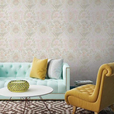 Living room with Pink Bohemian Damask Peel And Stick Wallpaper Removable Repositionable Boho Wall Covering For Easy DIY Decor No Glue Needed Mess Free