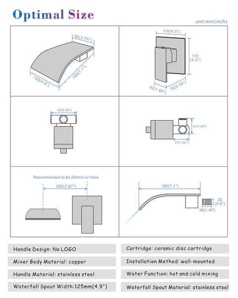 Product dimensions and specifications of Waterfall Wall Mount Tub Faucet In Brass With Chrome Finish, Wall Mounted Bathtub Filler Tap.