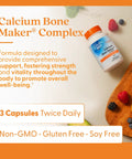 Calcium Complex Bone Health Boost For Strong Bones And Muscle Support With Vitamin C D3 K2 Magnesium Zinc Potassium Phosphorus From MCH-Cal Collagen Non GMO 180 Capsules bottle on table with fruits