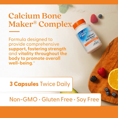 Calcium Complex Bone Health Boost For Strong Bones And Muscle Support With Vitamin C D3 K2 Magnesium Zinc Potassium Phosphorus From MCH-Cal Collagen Non GMO 180 Capsules bottle on table with fruits