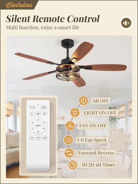 Silent remote control for 52 Inch Farmhouse Ceiling Fan With Light And Remote Black Industrial Caged Flush Mount With 6 Speed Reversible Motor And Dual Finish 5 Blades Rustic Ceiling Fan For Living Room And Bedroom displayed in a living room setting.