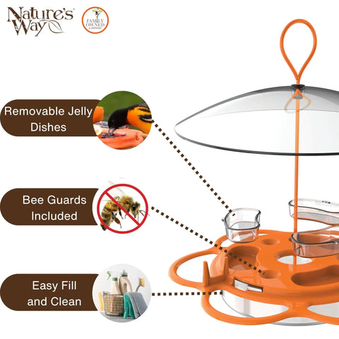 Go-To Multi-Station Oriole Feeder With Ant Moat And Weather Baffle, Heavy-Duty Metal And Plastic Wild Bird Feeder, Orange