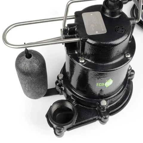 One Third HP Cast Iron Sump Pump With Vertical Switch, 3160 GPH, showing beefy non clogging vortex impeller and durable build