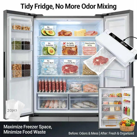 Refrigerator with Powerful 75KPa Vacuum Sealer Machine With Dry And Wet Modes, food organized in sealed bags