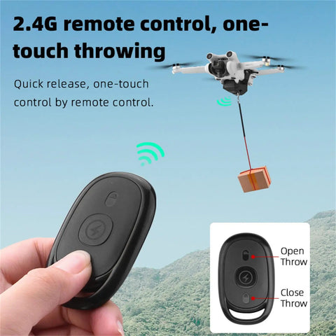 Drone Payload Dropper Airdrop System For DJI Mini 5 Pro with remote control, displaying package drop mid-flight