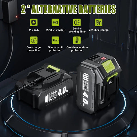 Cordless Leaf Blower With Dual 4Ah Batteries And Charger displaying two 4Ah lithium batteries on charging base
